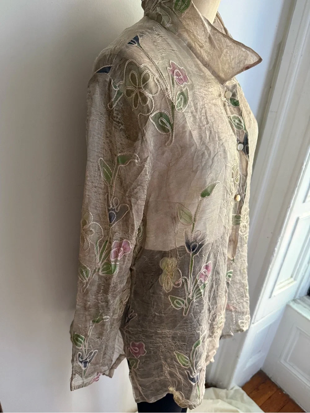 Vintage Burnout Silk Floral Blouse Sheer Embroidered Boho Romantic Top